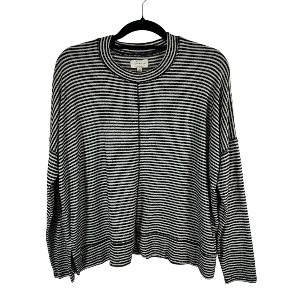 Lucky Brand Womens Black White Striped Long Sleeve Crew Neck Top Size M *flawed* - Picture 1 of 8